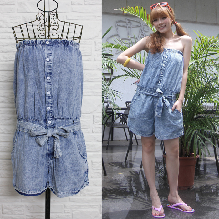 2013 spring and summer new arrival women's light color wash water wearing white pleated tube top denim cotton jumpsuit denim