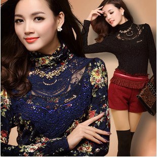 2013 spring and summer new style ladies fashion high collar lace shirt Slim long-sleeved shirt bottoming Women's T-shirt