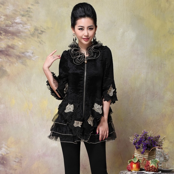 2013 spring and summer organza cascading ruffle collar 7 plus size three-dimensional flowers trench long top