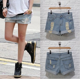 2013 spring and summer plus size denim shorts female loose hole roll-up hem shorts basic shorts boot cut jeans