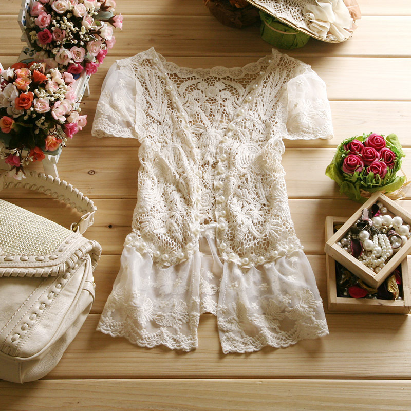 2013 spring and summer short-sleeve Women thin all-match cutout crochet sweater cardigan small cape air conditioning shirt
