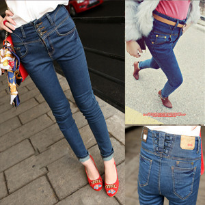 2013 spring and summer single breasted high waist skinny pants denim pencil pants