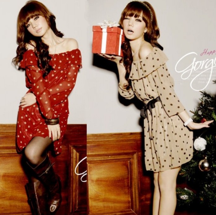 2013 spring and summer slit neckline polka dot  waist slim ruffle high quality chiffon long-sleeve dress
