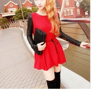 2013 spring and summer small shoulder pads patchwork knitted high waist one-piece dress slim waist leather belt