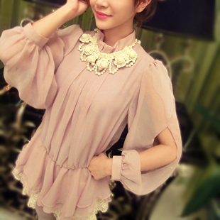 2013 spring and summer stand collar lace pearl ladies elegant chiffon top strapless chiffon shirt female
