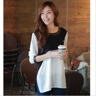 2013 spring and summer unique leather fashion personality black and white color block decoration all-match t-shirt top