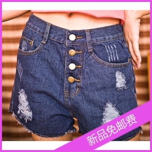 2013 spring and summer water wash buttons loose hole high waist denim shorts female shorts 2260