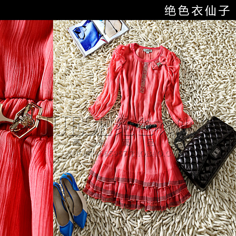 2013 spring and summer women's beading bow leather buckle on slim one-piece dress ruffle elegant dress 57112