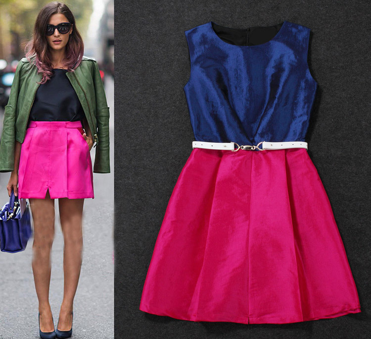 2013 Spring And Summer Women's Beautiful Bright Color Match Sleeveless Cute Dress Street Style Casual Dresses SS13032