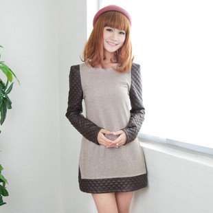 2013 spring and summer women's fashion faux two piece woolen dress water washed leather patchwork all-match one-piece dress