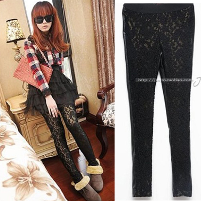 2013 spring and summer women's faux leather lace patchwork cutout legging