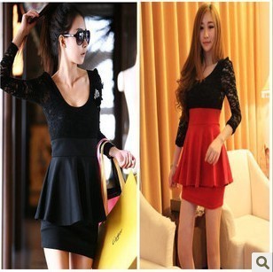 2013 spring and summer women's long-sleeve lace slim basic skirt slim hip one-piece dress