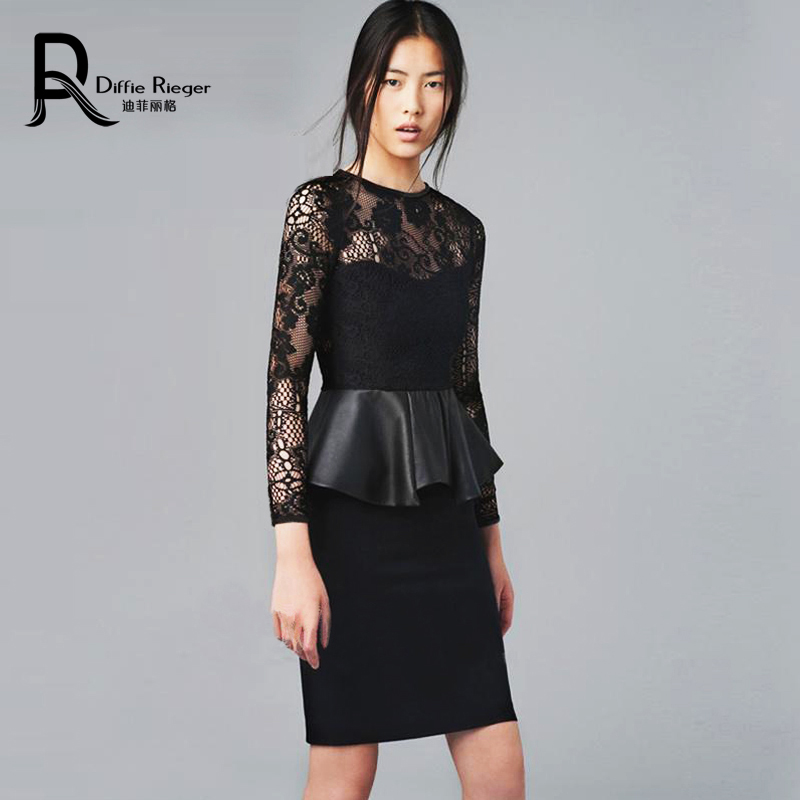 2013 spring and summer women's OL outfit cutout lace genuine leather ruffle hem faux two piece slim waist one-piece dress