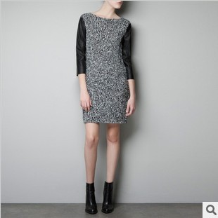 2013 spring autumn and winter fashion leather knitted patchwork basic skirt one-piece dress women's