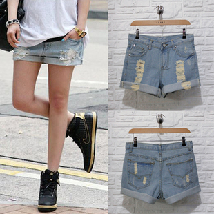 2013 spring autumn and winter female roll up hem distrressed loose plus size zipper denim shorts boot cut jeans shorts