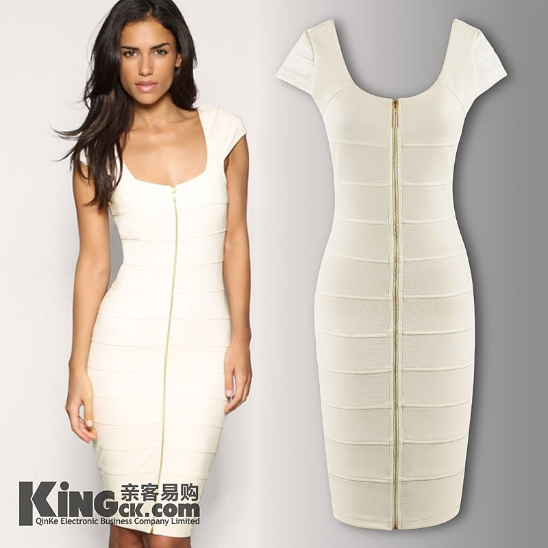 2013 Spring Autumn Fashion OL Stripe Patchwork Front zipper big square collar slim hip Bandage dress white Free Shipping