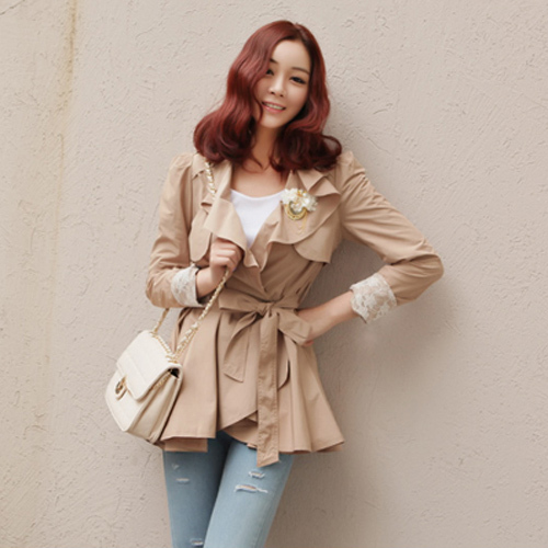 2013 Spring autumn Korean new fashion commuter solid color lapel flounced trench coat for women Khaki beige S M L th04