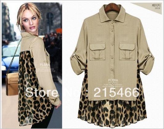 2013 Spring Autumn Lady's Fashion Turn-down Collar Long Sleeve Cotton Chiffon Leopard Patchwork Blouse Free Shipping Full Size
