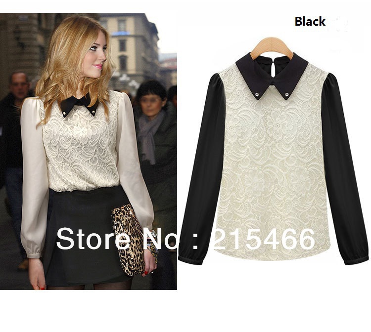2013 Spring Autumn Lady's Lace Chiffon Elegant Vintage ShirtsTurn-down Collar Patchwork  Free Shipping S/M/L/XL White Black