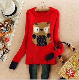 2013 Spring Autumn New Fashion Korea Women's Lady Crew Neck Owl Basic Pullover Sweater Long Sleeve Women's Sweater Free Shipping