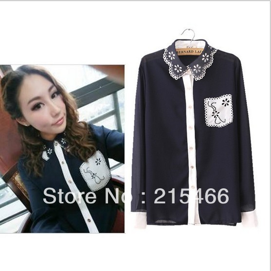 2013 Spring Autumn New Lady's Fashion Turn-down Appliques Collar Long Sleeve Chiffon Patchwork Blouse Free Shipping Free Size
