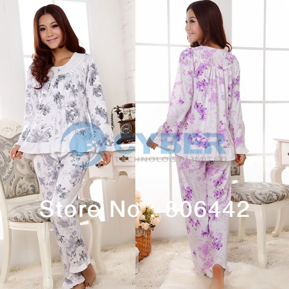 2013 Spring Autumn Women Floral Pattern Long Sleeve Cotton Sleepwear Pajama Set Sleep Clothes 2 Sizes Free Shipping 11175