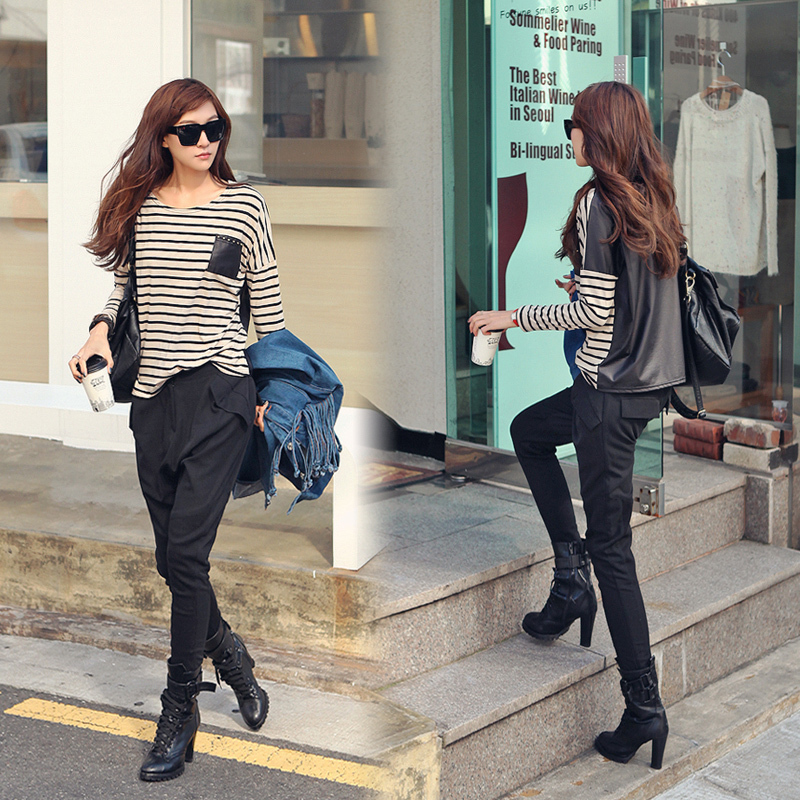 2013 spring basic stripe long-sleeve shirt loose t-shirt patchwork leather PU basic shirt plus size mm women's