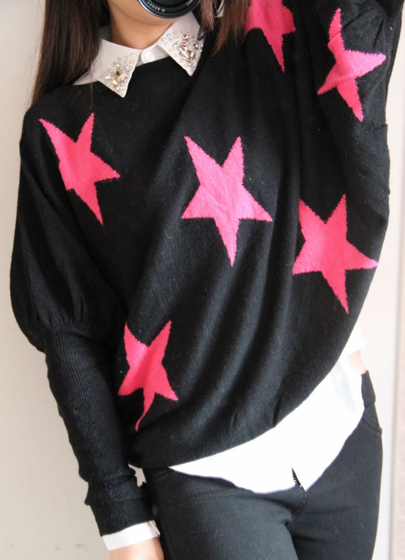 2013 Spring batwing shirt o-neck loose sweater pullover thin thread five-pointed star female