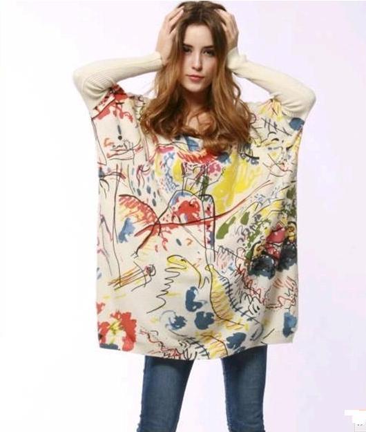 2013 spring batwing sleeve  Rabbit wool blended doodle design sweater
