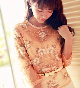 2013 spring beading long-sleeve basic shirt gentlewomen sweet shirt gauze lace shirt top