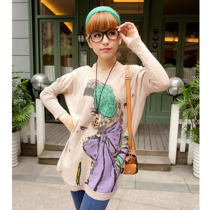 2013 spring beauty head portrait batwing sleeve medium-long sweater female knitted plus size loose 2970