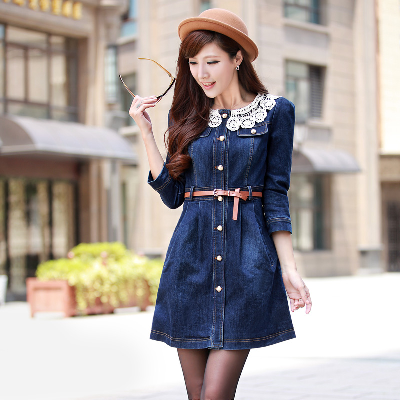 2013 spring belt female slim laciness peter pan collar three quarter sleeve one-piece dress style denim trench outerwear