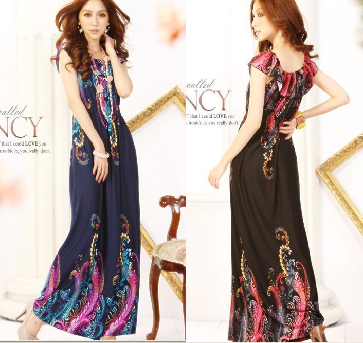 2013 spring bohemia peacock feather print one-piece full dress skirt beach dress