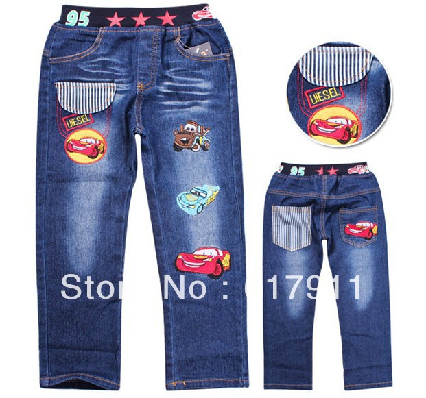 2013 Spring Boys Girls Lighting MCQUEEN Denim Jeans Pants Kids Cotton Trousers Childrens Cartoon Cloth Aged 4-9yrs Free Shipping