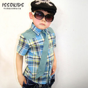2013 Spring Brand New ISSOKIDS Kids Children Boys Girls Short Sleeve Denim & Cotton Shirts Fashion Cute Shirt with Tie