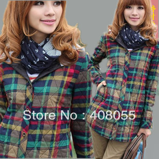 2013  Spring british style plaid long-sleeve shirt plus cotton hooded female shirt wadded jacket Free shipping