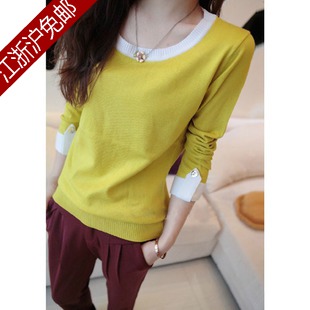 2013 spring button pullover loose women's basic o-neck long-sleeve shirt thin sweater color block