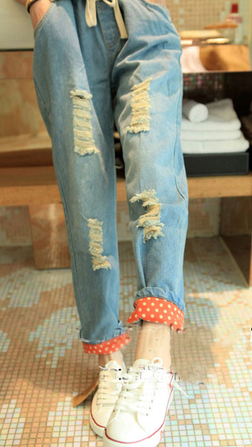 2013 spring candy polka dot roll-up hem bf loose hole jeans casual trousers