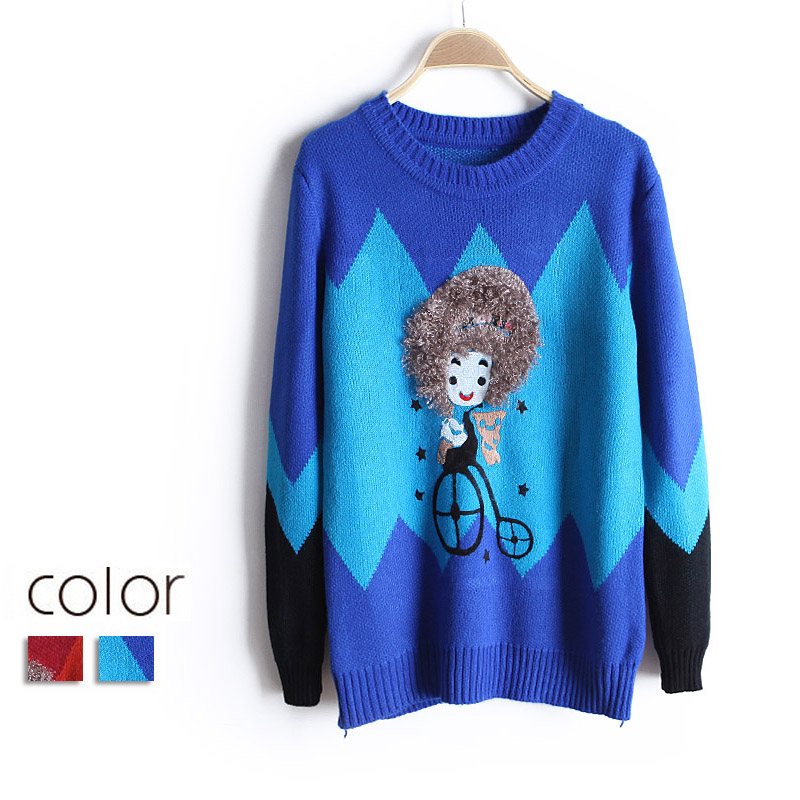 2013 spring cartoon patterns graphic color block women's pullover o-neck long-sleeve sweater wx1409