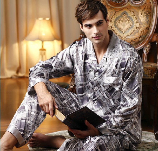 2013 spring casual check faux silk sleepwear male long-sleeve sleep set lounge 8736