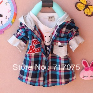 2013 spring casual plaid with a hood  baby shirt child long-sleeve outerwear 0 - 3 free shipping