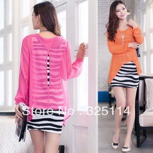 2013 Spring chiffon outerwear with stripe tank dress  size M,L,XL,XXL+Free Shipping