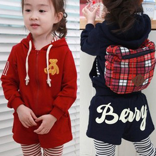 2013 spring children's clothing bear plaid backpack with a hood child baby female child cardigan 5774