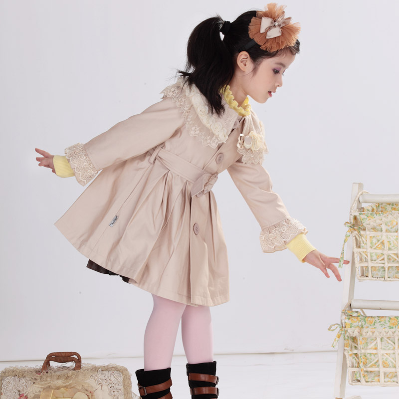 2013 spring children's clothing child girls clothing lace child trench outerwear