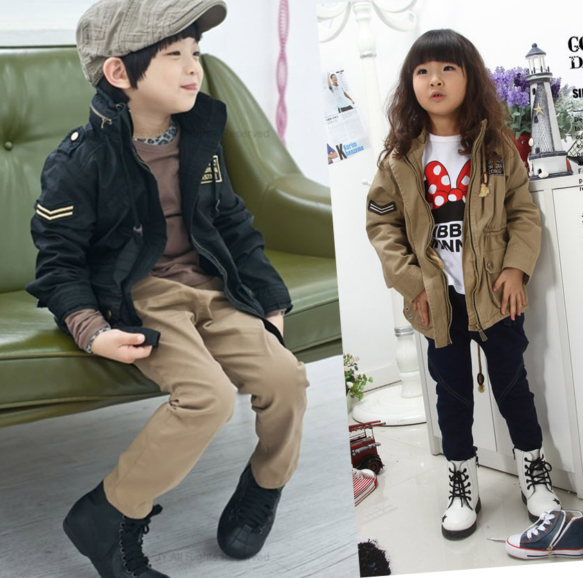 2013 spring children's clothing child zipper long design trench thickening cotton-padded overcoat male female child big boy