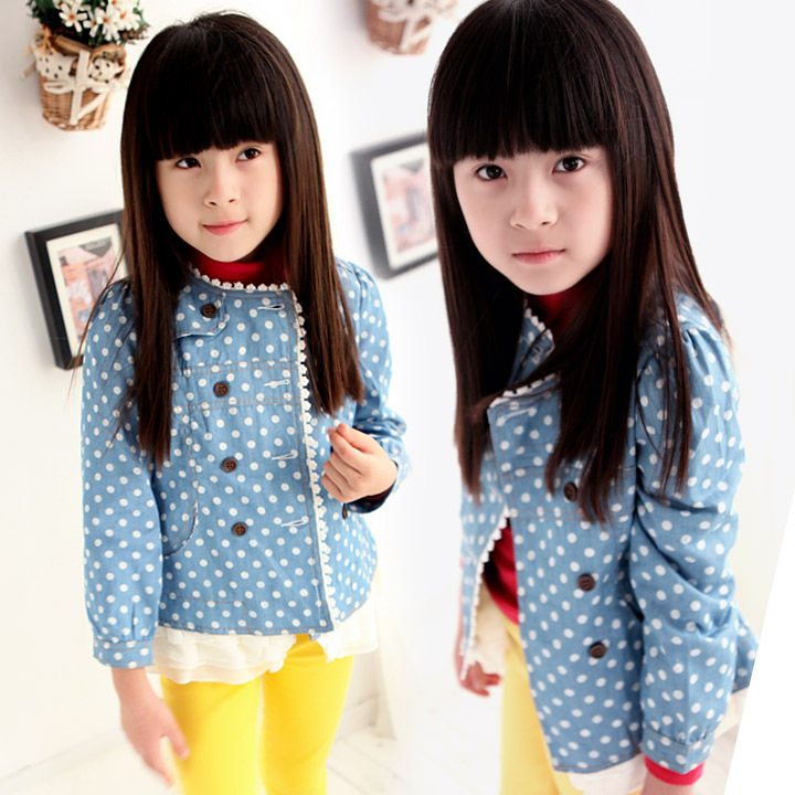 2013 spring children's clothing female child elegant ruffle sweep denim polka dot outerwear cardigan