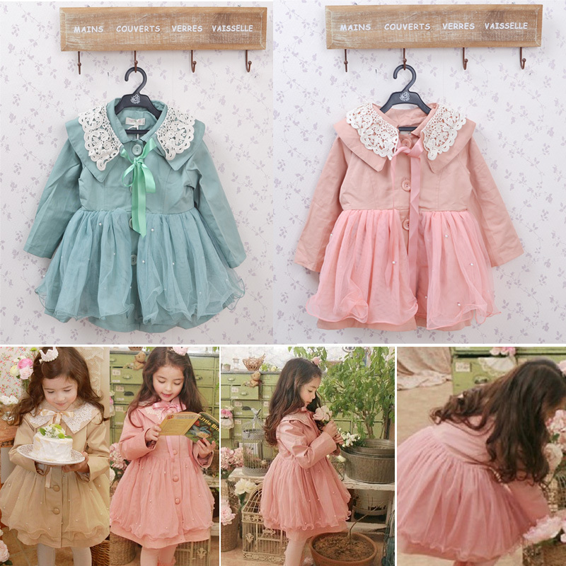 2013 spring children's clothing jonadab female child pearl gauze princess single breasted trench