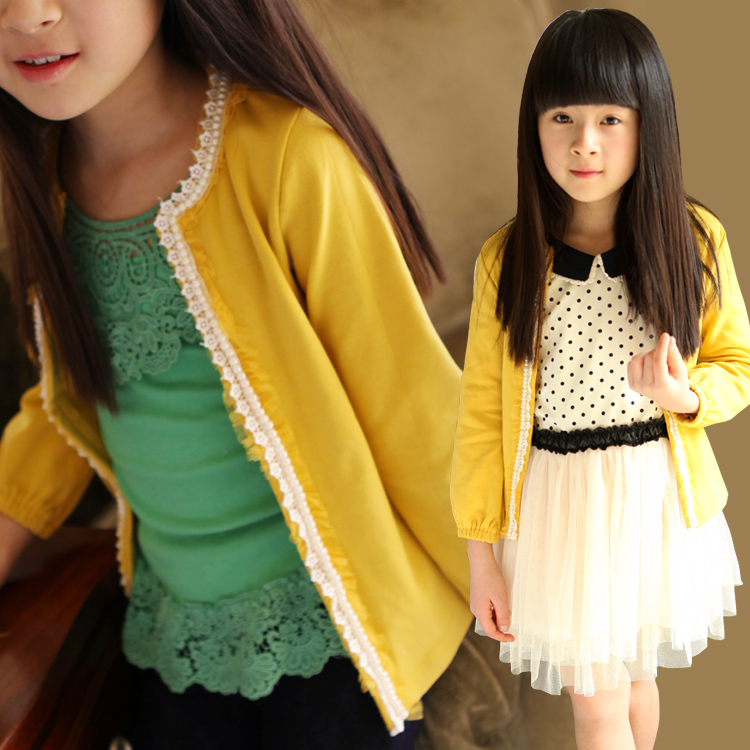 2013 spring children's clothing pearl bordered front fly female child cardigan big boy child outerwear spring and autumn female