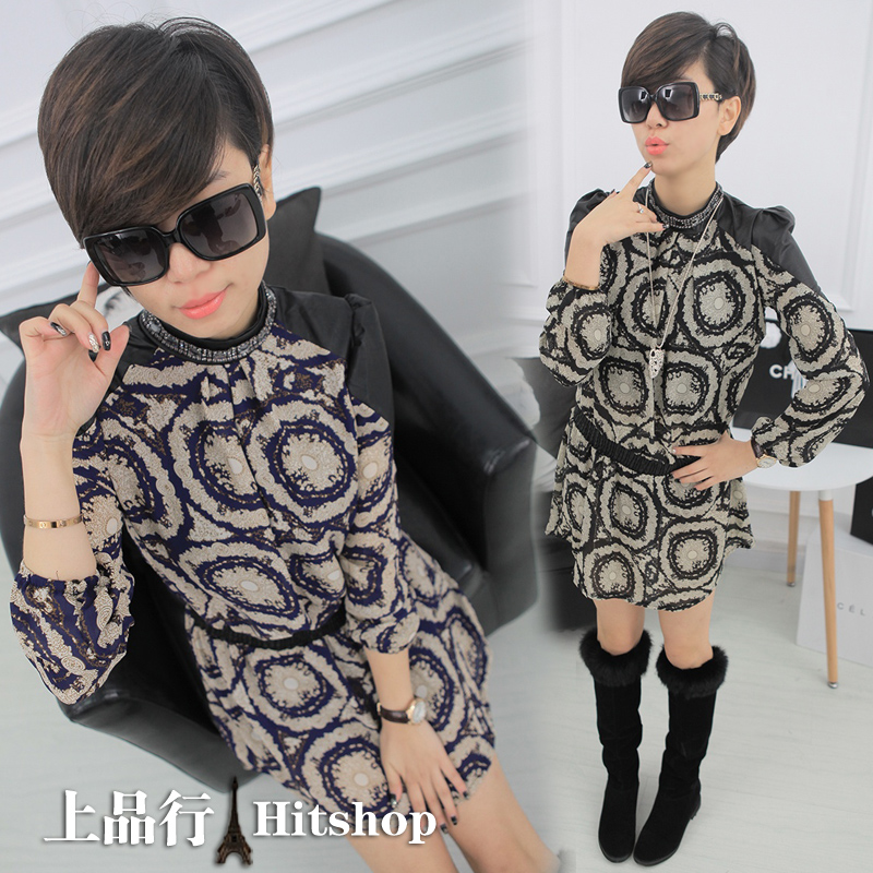 2013 spring collar diamond leather patchwork female slim chiffon skirt one-piece dress