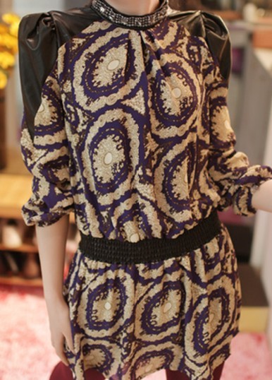2013 spring collar diamond slim leather patchwork chiffon long-sleeve dress female basic skirt female